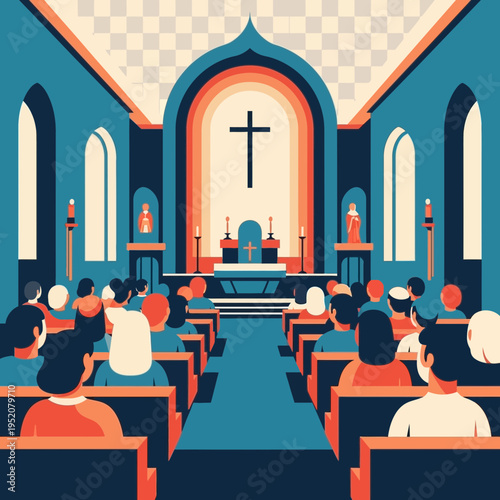 People attend a service inside a church with a cross.