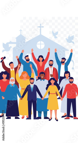 Diverse group of people celebrating in front of a church building.