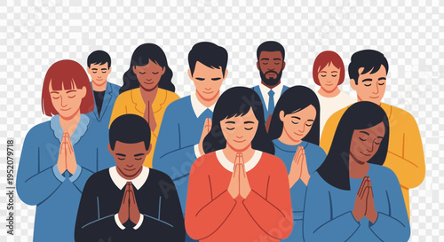Diverse group of people praying with hands together.