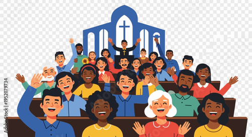 Diverse group of people gathered in a church celebrating.