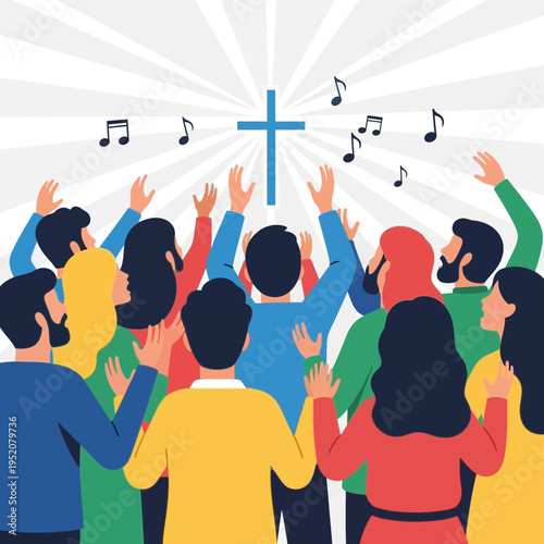 Diverse group of people worshiping with raised hands and music notes.