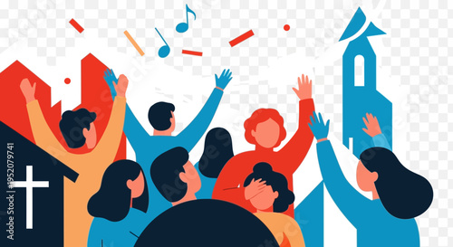 Diverse people celebrate with raised hands and musical notes.