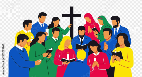 Diverse group of people gathered around a cross in worship.