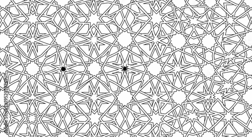 Seamless geometric pattern with intricate arabesque lines and stars, black and white abstract background design.