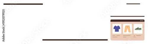 E-commerce, online shopping, digital retail, clothing sales, product categorization, web interfaces. Browser window with apparel and footwear. E-commerce and online shopping concepts