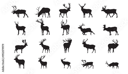 A collection of black silhouettes of deer with antlers on a white background