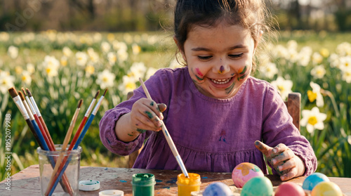 Easter egg decorating toddler girl happy creative spring activity for holiday celebration family fun childhood joy art craft decoration design