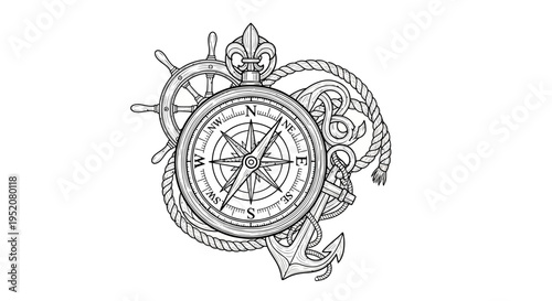 Detailed vintage nautical illustration with a classic compass rose, ship's wheel, anchor, and rope for maritime themes.