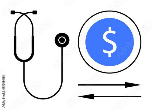 Healthcare, medical expenses, cost management, financial transactions, health insurance, economy. A stethoscope next to a dollar symbol and arrows. Healthcare and financial transactions theme