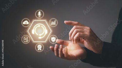 customer service, support, call center, technology, communication, help desk, business man interacting with digital glowing interface icons for global customer care solutions.