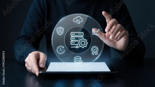 cloud computing, data center, server management, network security, digital transformation, technology, database administrator managing web hosting services with tablet and hologram.