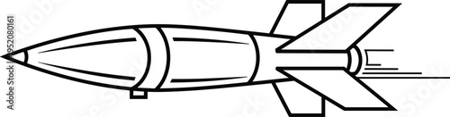 Detailed black and white vector line art illustration of a ballistic missile rocket flying with speed motion lines on white background (20 words)