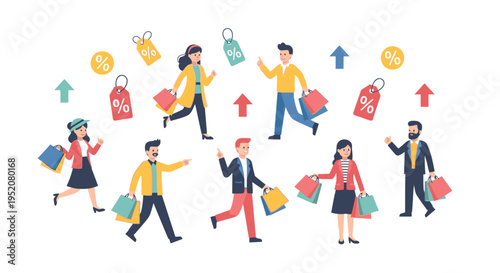 Colorful illustration of diverse people shopping and walking in different directions with various bags and arrows on a white background.