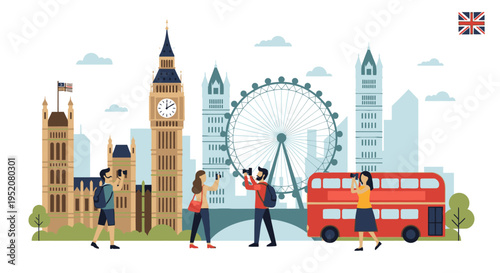 Illustration of tourists taking photos in front of London cityscape with Big Ben, London Eye, and red double-decker bus against a white background with a cartoon style and vibrant colors.