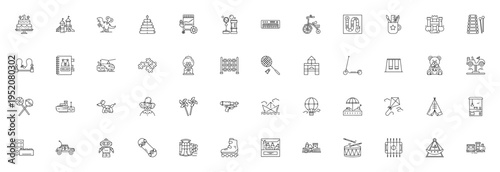 Kids icon set. Playful vector illustrations. Includes symbols for toys, games, activities like cake, dinosaur, piano, castle, balloon dog, skateboard and more. Editable stroke.