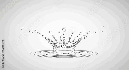 Detailed hand-drawn sketch of a water drop splash, creating a dynamic ripple effect and droplets. Monochromatic line art illustration.