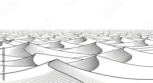 Abstract monochrome desert landscape with rolling sand dunes extending to the horizon, artistic grayscale illustration and texture.