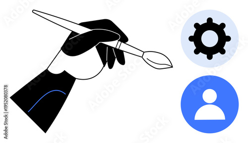 Creativity concept. Creativity by a hand holding a paintbrush alongside gear and profile icons. Creativity linking art, design, and user customization. Ideal for tech, apps, and education. include