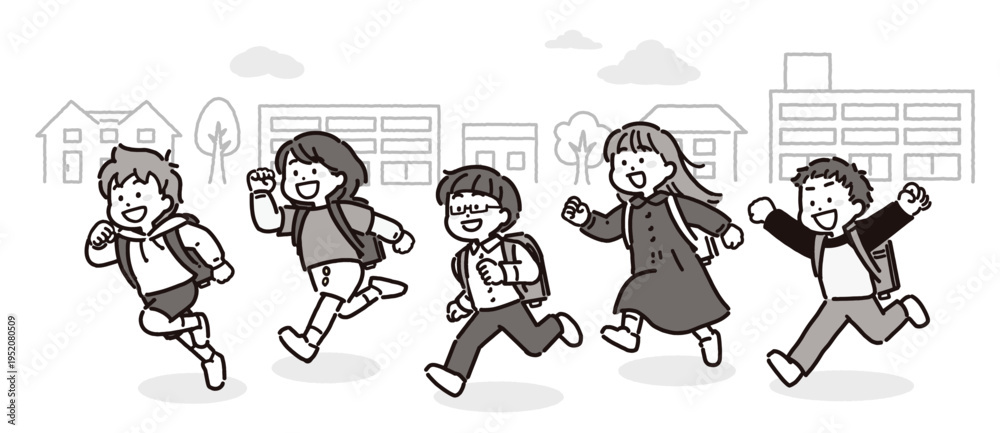 Naklejka premium ランドセルを背負って町中を走る小学生の男女グループのモノクロイラスト