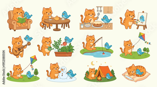 A charming collection of illustrations depicting a cute ginger cat engaging in various heartwarming activities with a little blue bird, showcasing friendship and simple joys.