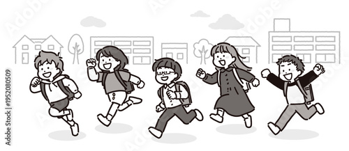 ランドセルを背負って町中を走る小学生の男女グループのモノクロイラスト