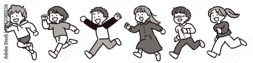 走る元気な男の子と女の子の子供たちのモノクロイラスト
