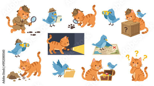 A curious cat detective and its bird companion embark on a series of exciting investigations and treasure hunts.
