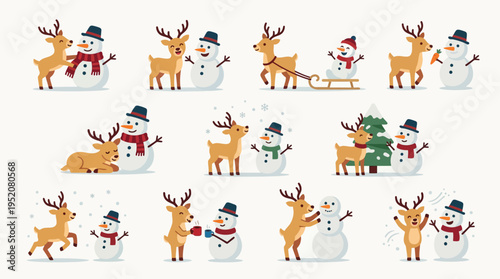 A charming collection of cartoon illustrations depicting reindeer and snowmen interacting in various festive winter scenes.