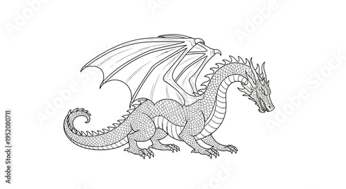 Intricate line art illustration of a mythical winged dragon creature, featuring detailed scales, large wings, and a powerful fantasy design.