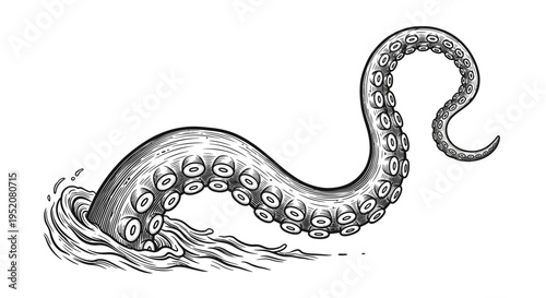 Hand-drawn vintage engraved style octopus tentacle emerging from crashing ocean waves. Black and white kraken or sea monster illustration.