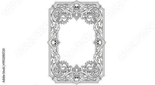 Intricate Gothic Ornate Frame with Skull Details and Baroque Scrollwork. Decorative Vector Border Element