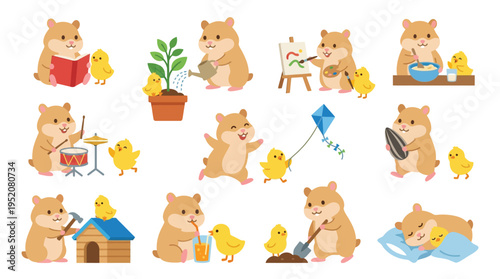 A charming collection of illustrations depicting a hamster and a chick engaging in various delightful activities together, showcasing friendship and everyday life.