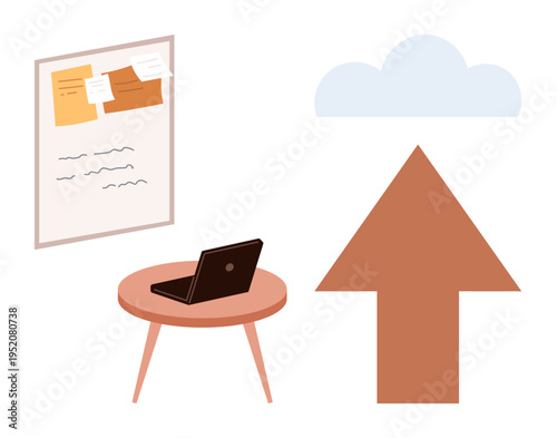 Data storage, cloud computing, information management, remote work, digital organization, project planning. A laptop on a desk, arrow pointing to a cloud icon and bulletin board. Cloud computing