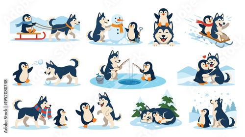 A charming collection of illustrations depicting a husky dog and penguins enjoying various winter activities together, showcasing friendship and fun in the snow.