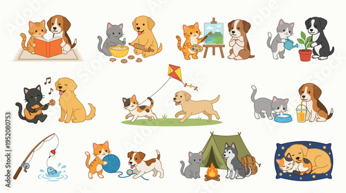 A charming collection of illustrations depicting dogs and cats engaging in various heartwarming activities together, showcasing friendship and playful moments.