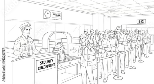 Busy airport security checkpoint with diverse travelers queuing for bag inspection and officer presence illustration