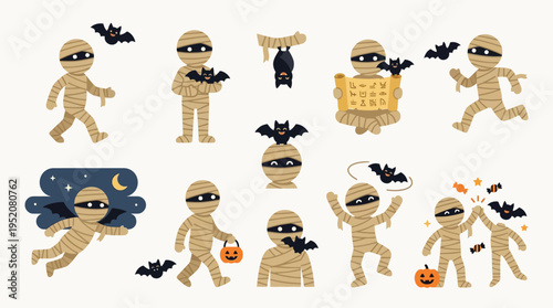A collection of cute mummy characters in various Halloween-themed poses, some interacting with bats and pumpkins, perfect for festive designs.