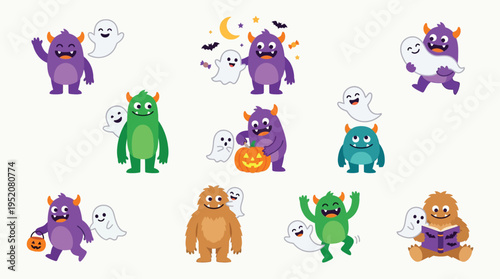 A collection of cute, cartoonish monsters and ghosts in various Halloween-themed poses and activities, perfect for festive designs.