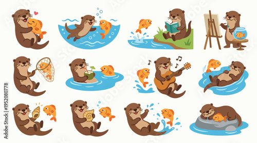 A charming collection of illustrations depicting playful otters interacting with goldfish in various delightful scenarios, showcasing their joyful and active nature.