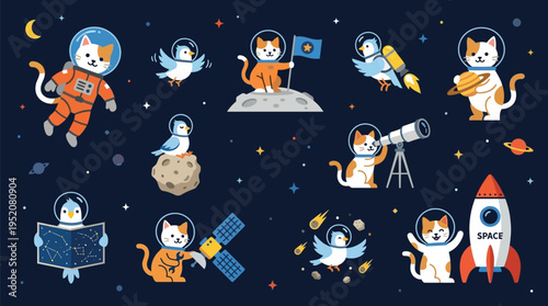 Whimsical space adventure featuring anthropomorphic cats and birds in astronaut gear exploring the cosmos with planets, stars, and rockets.