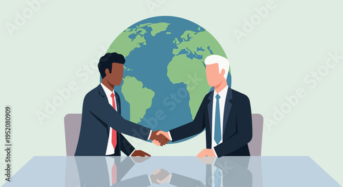 Diverse businessmen shaking hands in front of global earth globe
