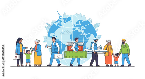 Diverse global aid workers providing medical relief with world globe