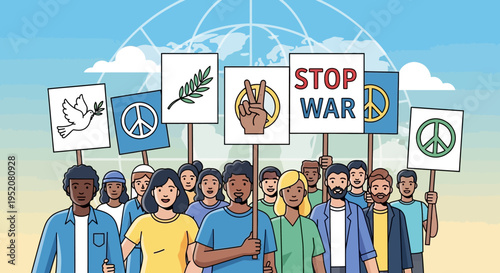 Diverse people protesting for peace with Stop War signs and dove globe