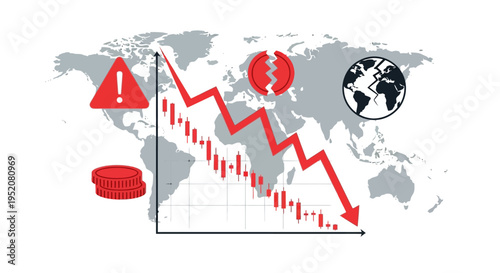 Global economic crisis chart with cracked world map and red downfall
