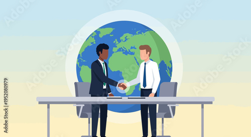Businessmen handshake over world globe international deal vector