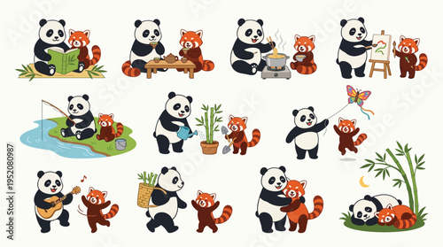 A charming collection of illustrations depicting pandas and red pandas engaging in various heartwarming activities together, showcasing friendship and daily life.