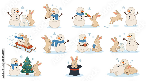 A charming collection of illustrations depicting a bunny rabbit and a snowman engaging in various winter activities and playful interactions.
