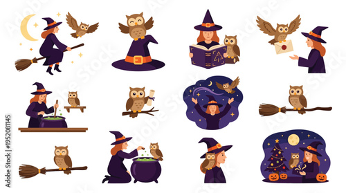 A collection of charming illustrations featuring a witch and her owl companions engaged in various magical activities and Halloween-themed scenes.