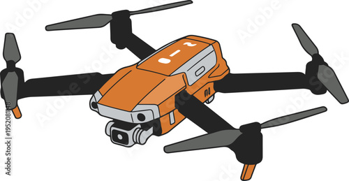 Flat vector illustration of a modern orange quadcopter drone with camera, isolated on a clean background, suitable for technology, aerial photography, and innovation concepts.