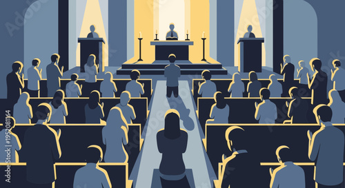 People gathered in a formal setting with a central figure at the front.